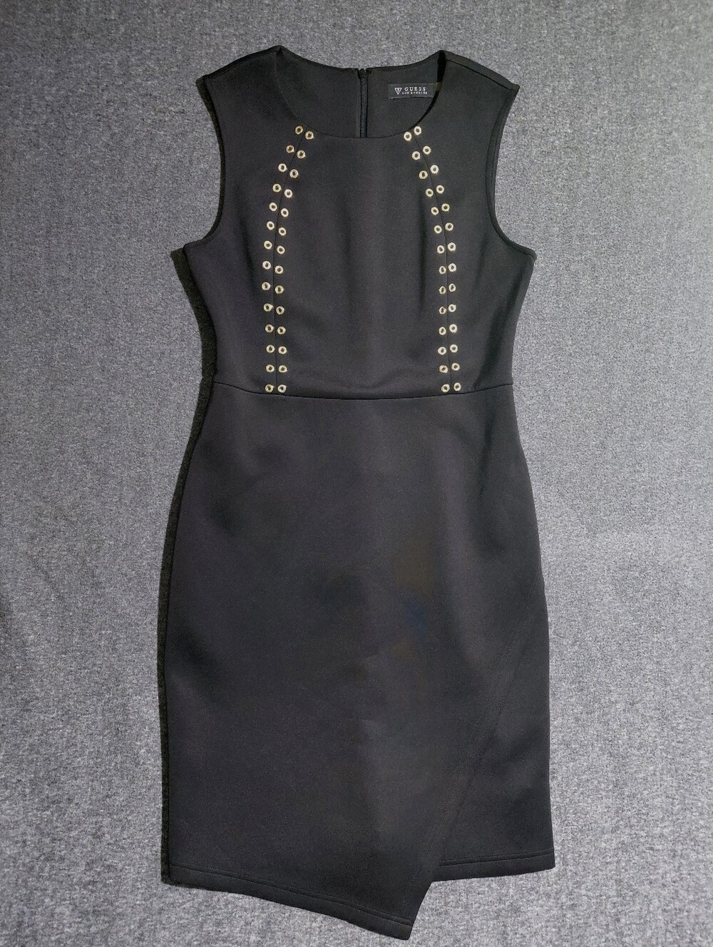 GUESS Los Angeles Black Sleeveless Grommet Sheath Dress with Gold Accents